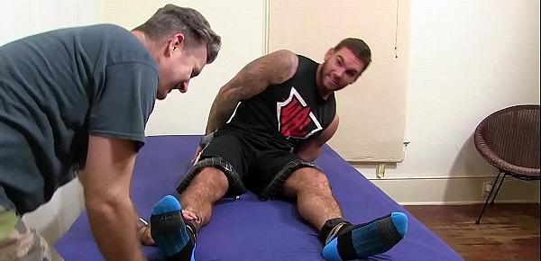  Hairy hunk restrained before cock tickling by deviant